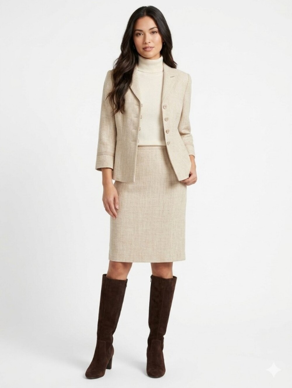 Kasper Light Taupe Two-Piece Skirt Suit Jacket & Midi Skirt